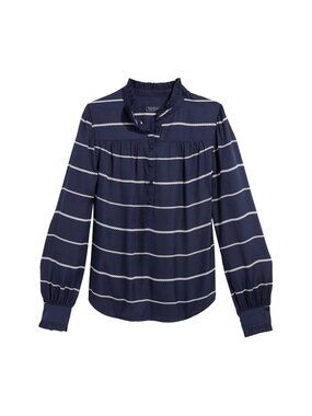 VINEYARD VINES Ruffle Collar Silk Blend Popover Top In Blue Stripe SM